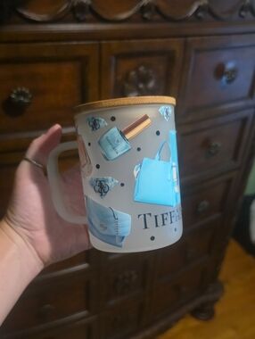 Blue and Tan Decorative Trinket Mug with Lid
